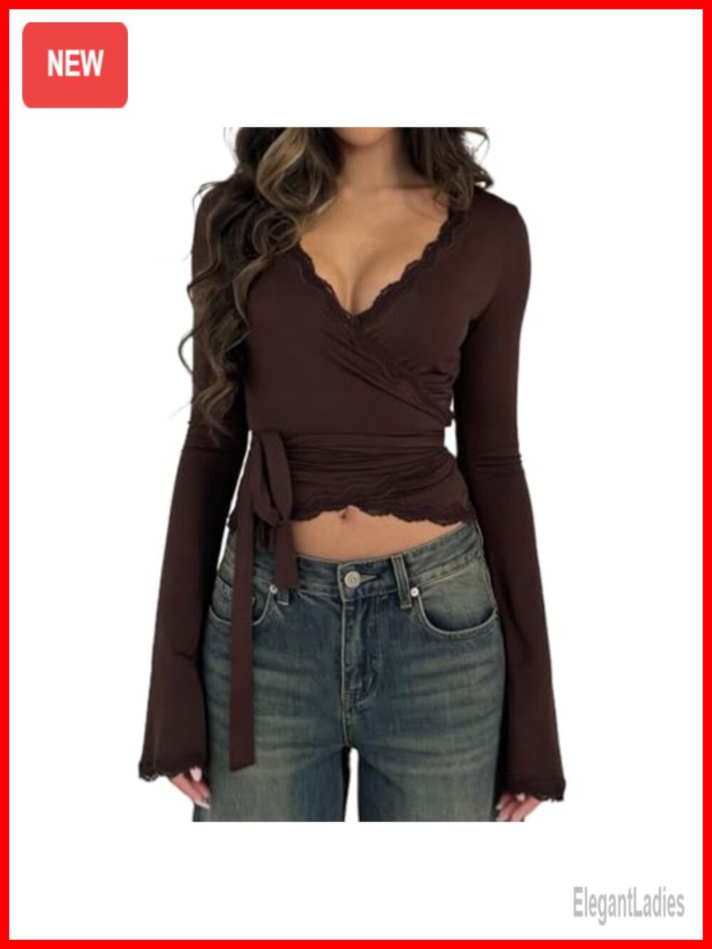 Womens Y2K Lace Sheer Mesh Crop Top Long Sleeve Deep V Neck Cross Wrap